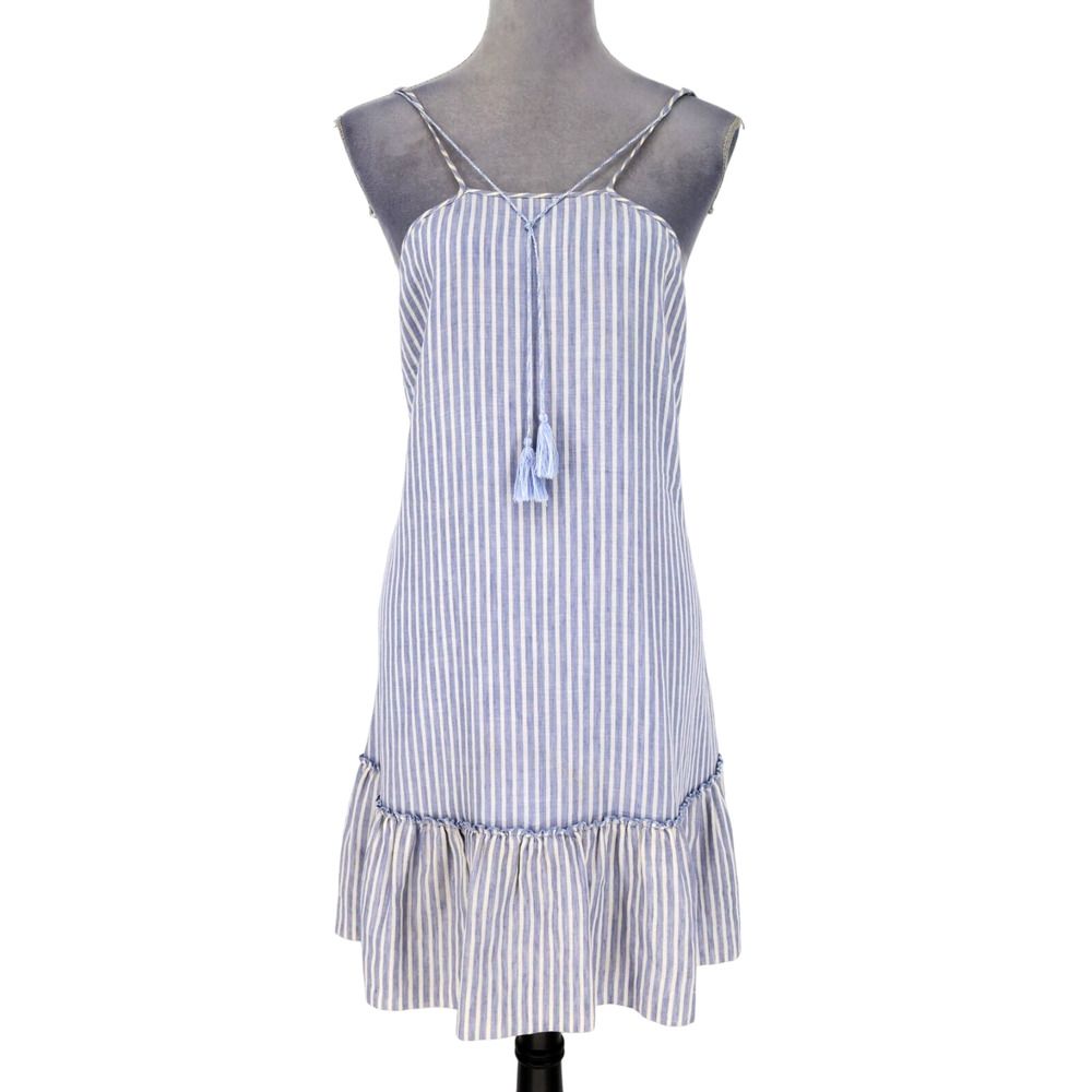 TJD The Jetset Diaries Dress Womens XS Blue White Cotton Linen Blend Lined Mini - Picture 1 of 12